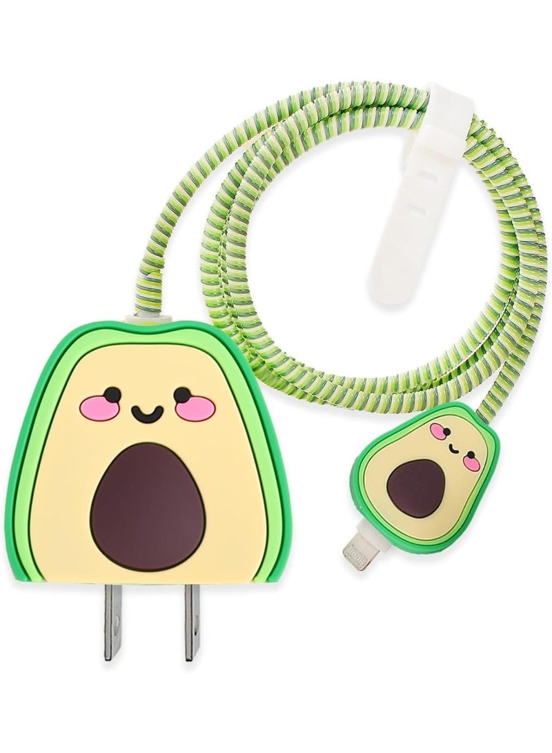 ChicAbode حافظة واقية لشاحن iPhone على شكل أفوكادو ثلاثي الأبعاد، غطاء واقي لكابل USB ومحول طاقة 18 وات/20 وات، كابل بيانات وشاحن USB وخط بيانات وحامي سلك الهاتف، لأجهزة iPhone 11 و12 و13 و14 Pro Max XS XR - Image 1